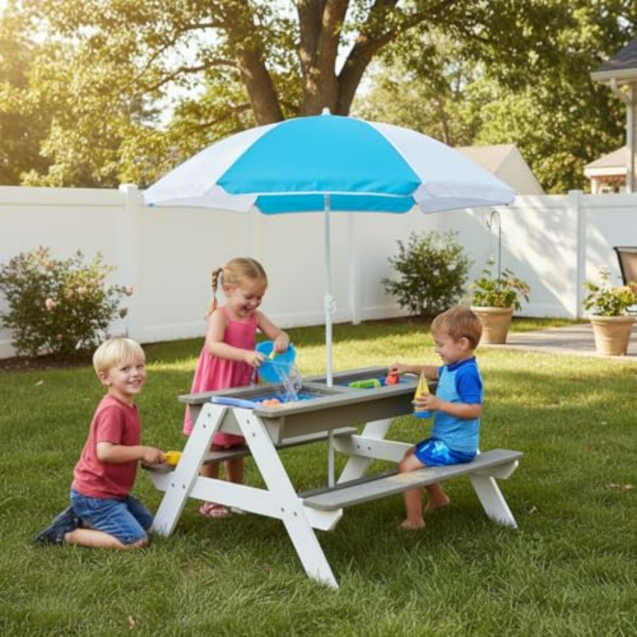 Kids Outdoor Umbrella For Table - Outdoor kids picnic table, 3-in-1 wooden