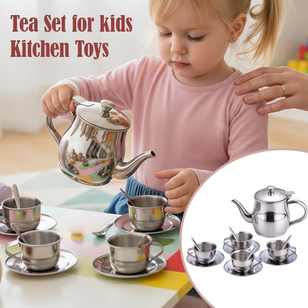 Kids Outdoor Mud Kitchen Accessories - Kids Stainless Steel Tea Set Pretend